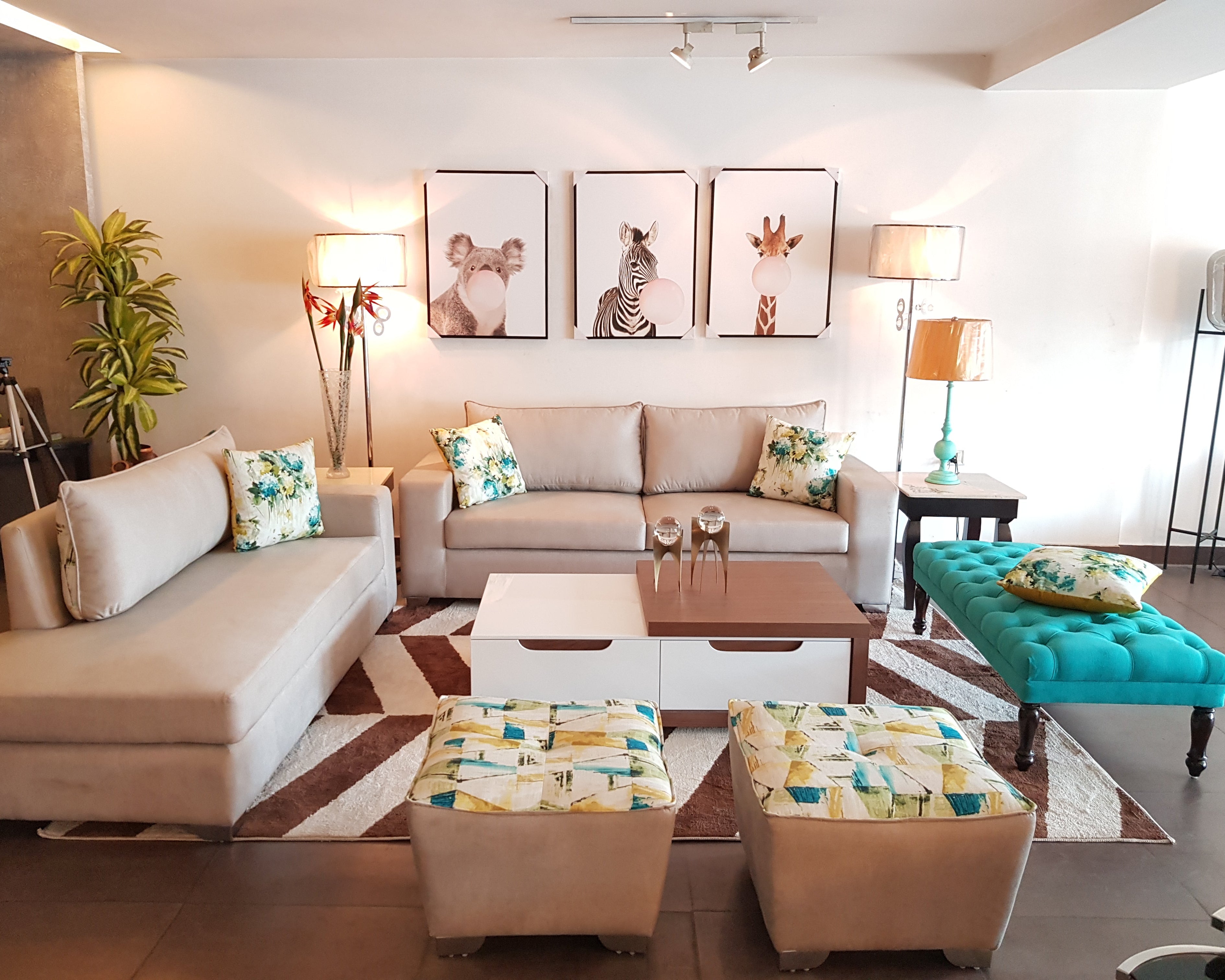 Tropical Teal L-Shape Sofa Set