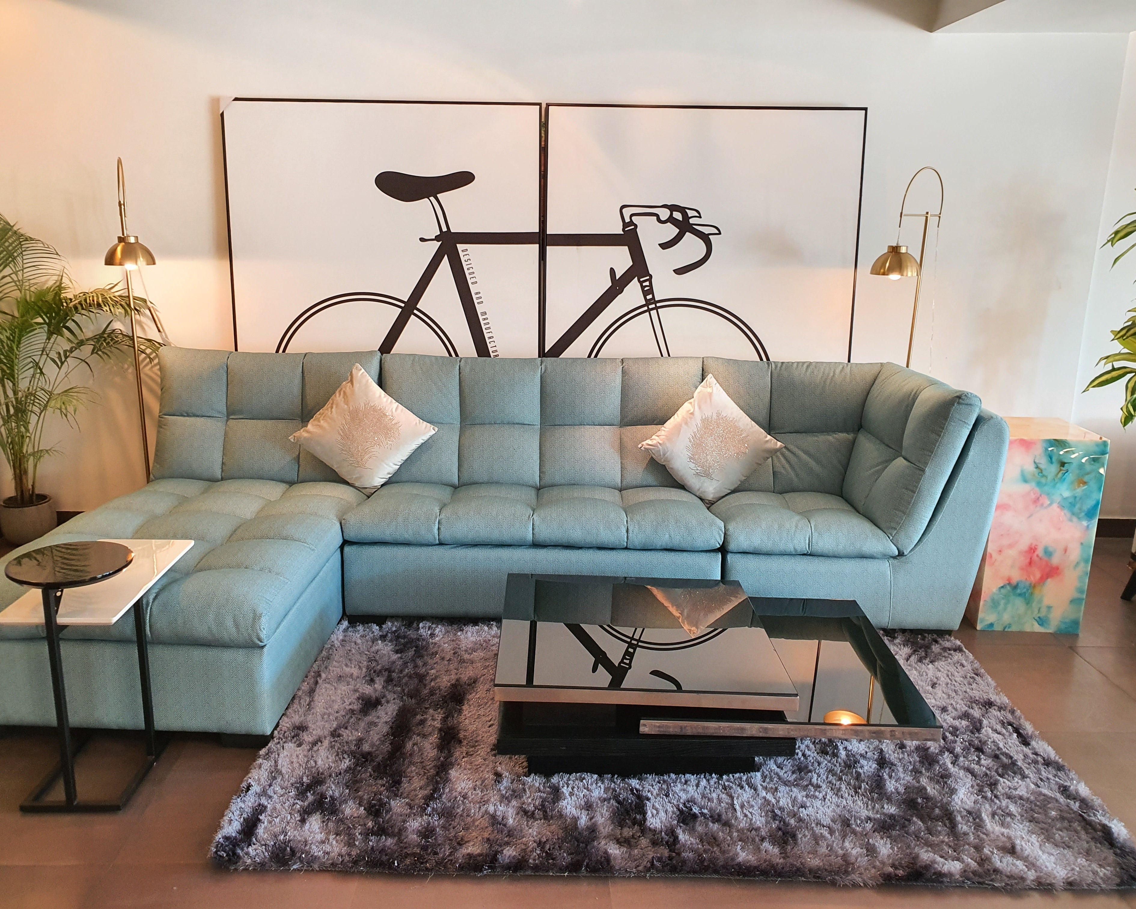 Sky Blue Retro L-Shape Sofa