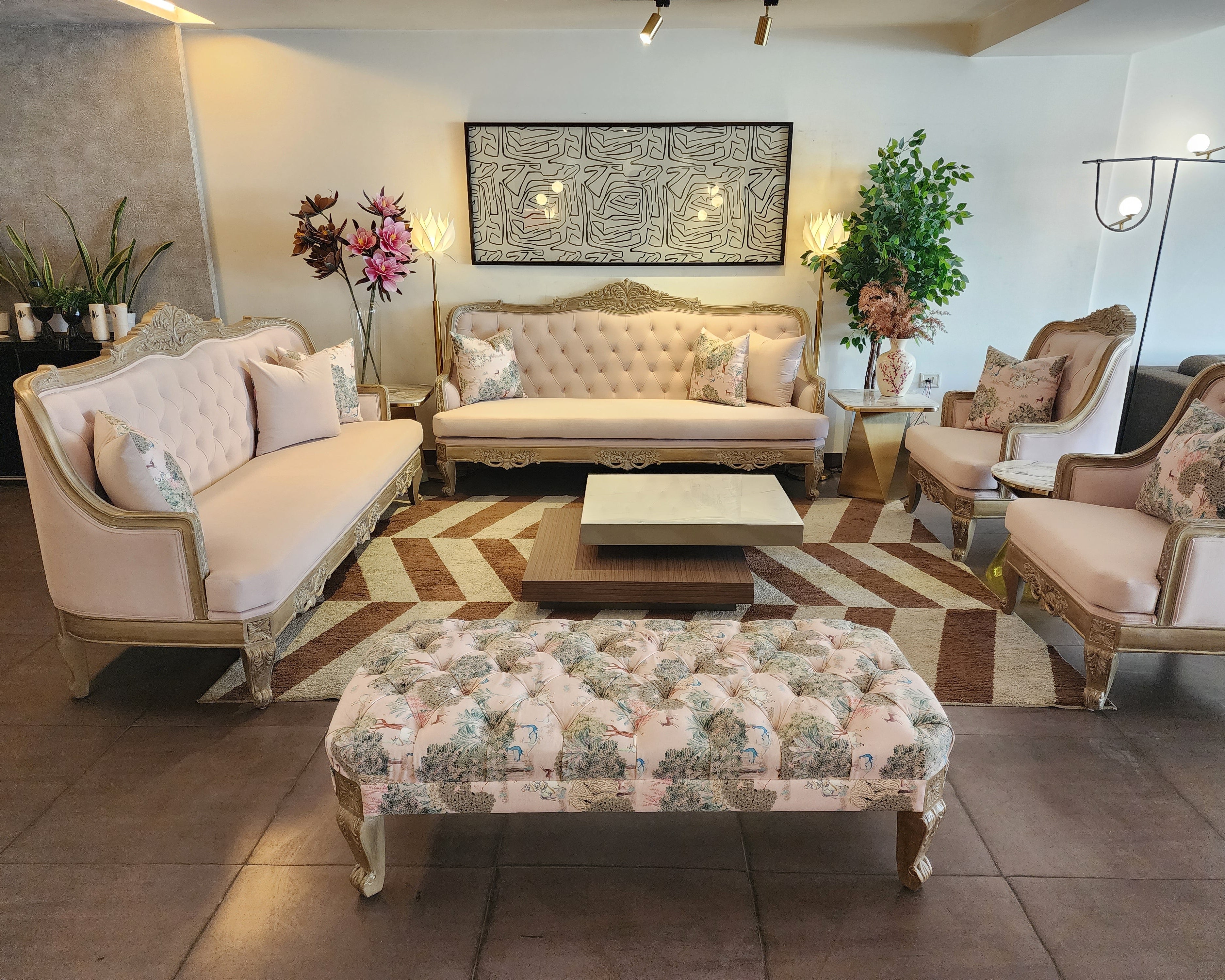 Teal & White Stripe Coffee Table Sofa Set