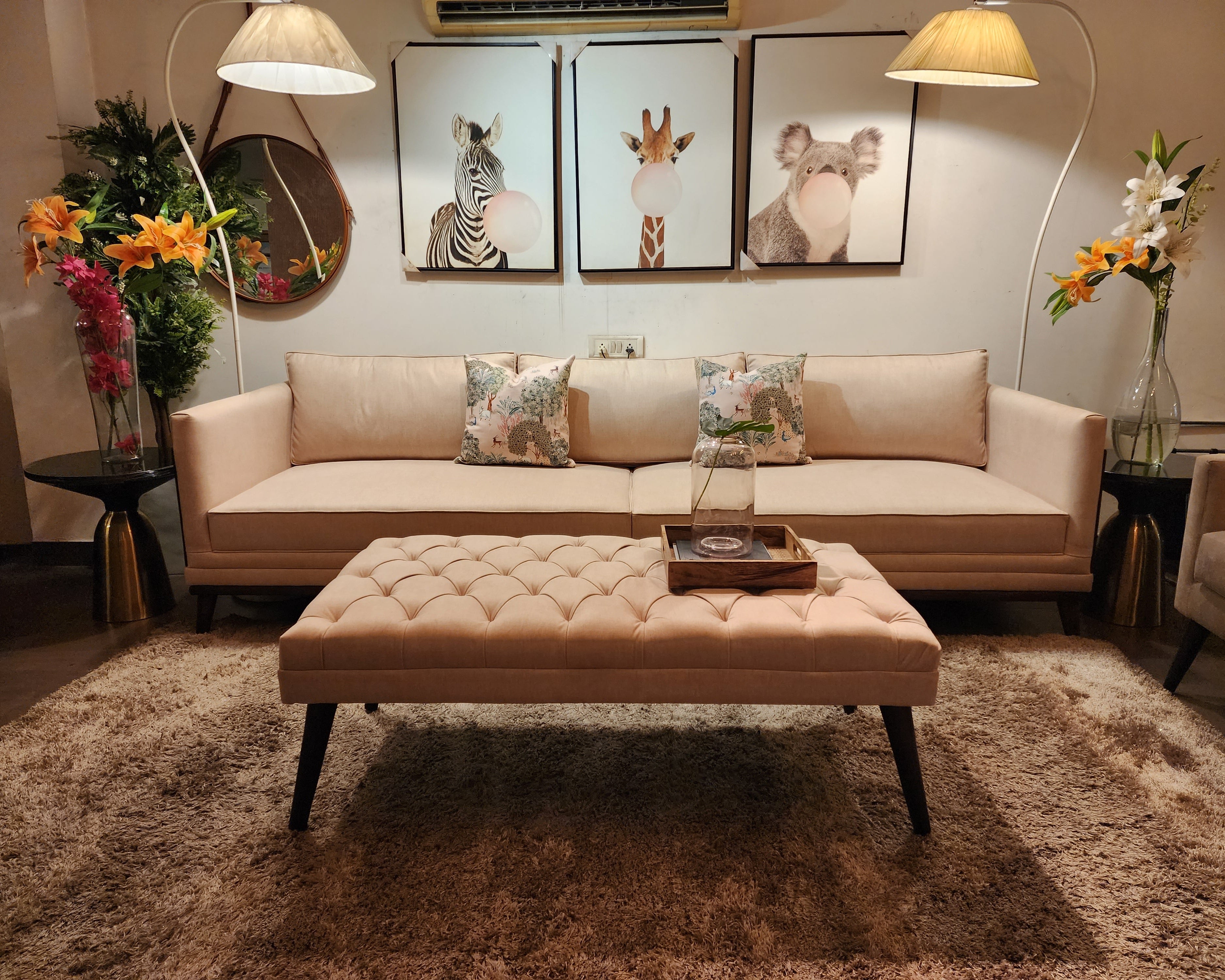 Classic Cream Tufted Sofa with Ottoman